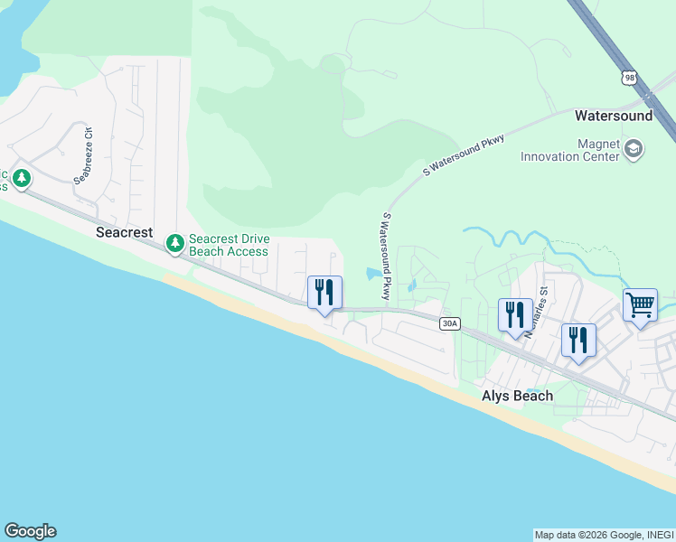map of restaurants, bars, coffee shops, grocery stores, and more near 64 Brenda Lane in Seacrest