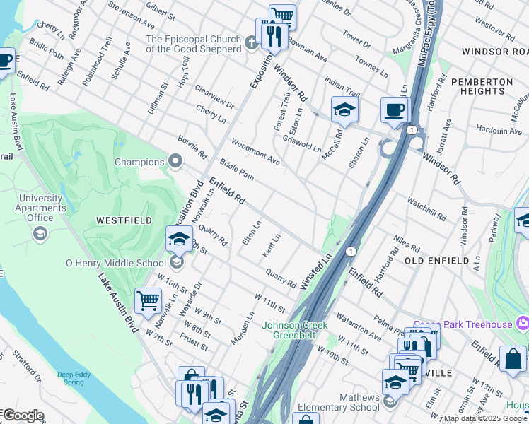 map of restaurants, bars, coffee shops, grocery stores, and more near 2314 Enfield Road in Austin