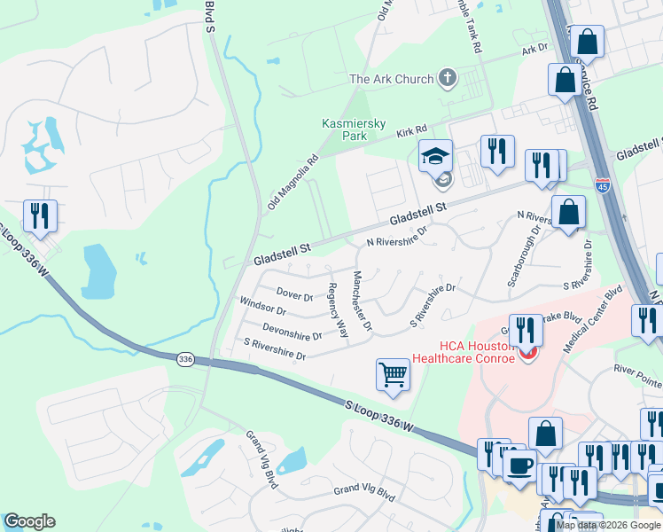 map of restaurants, bars, coffee shops, grocery stores, and more near 1 Regency Court in Conroe