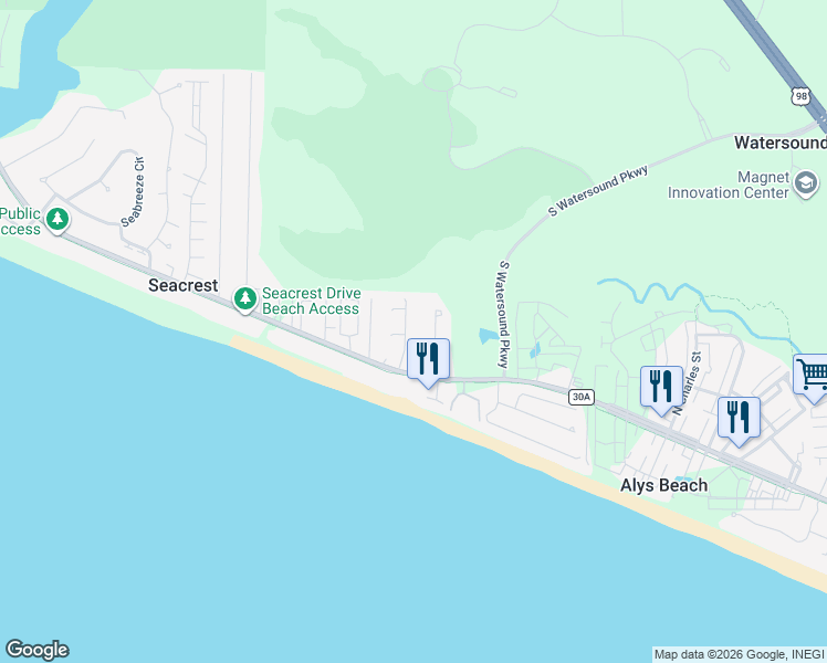 map of restaurants, bars, coffee shops, grocery stores, and more near 69 Brenda Lane in Rosemary Beach