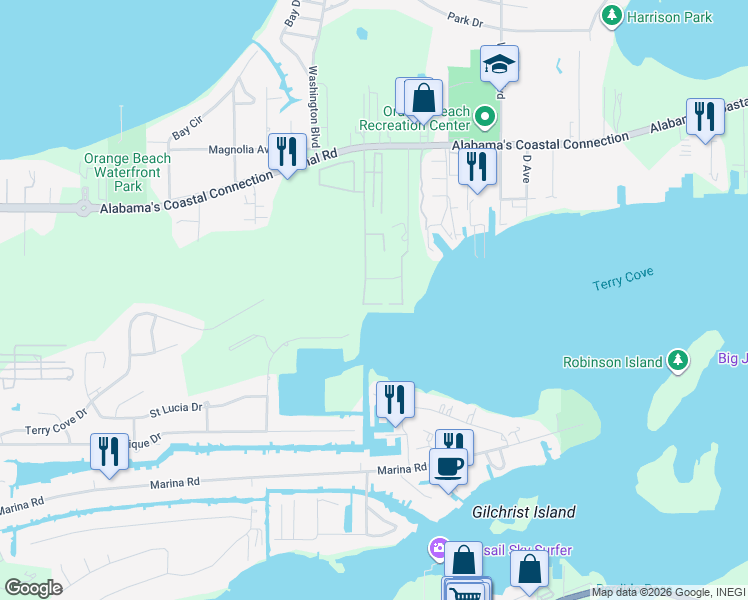 map of restaurants, bars, coffee shops, grocery stores, and more near 27006 Canal Road in Orange Beach
