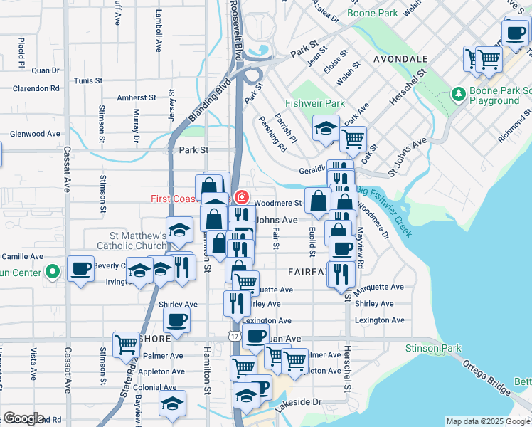map of restaurants, bars, coffee shops, grocery stores, and more near 4420 Saint Johns Avenue in Jacksonville