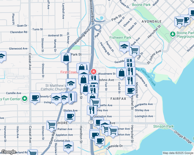 map of restaurants, bars, coffee shops, grocery stores, and more near 4225 Roosevelt Boulevard in Jacksonville