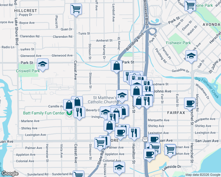 map of restaurants, bars, coffee shops, grocery stores, and more near 1718 Harkisheimer Avenue in Jacksonville