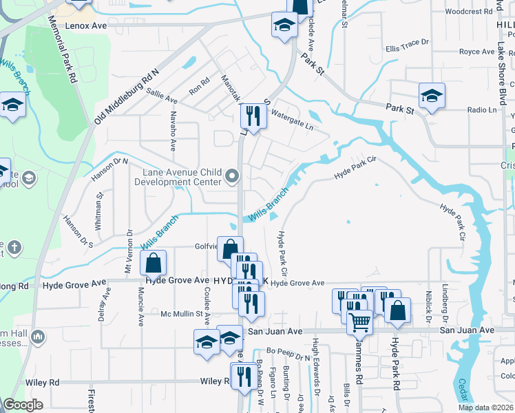 map of restaurants, bars, coffee shops, grocery stores, and more near 1704 Memory Lane in Jacksonville