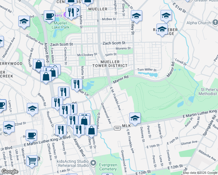 map of restaurants, bars, coffee shops, grocery stores, and more near 2215 E. M. Franklin Avenue in Austin