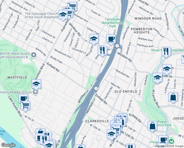 map of restaurants, bars, coffee shops, grocery stores, and more near 2008 Enfield Road in Austin