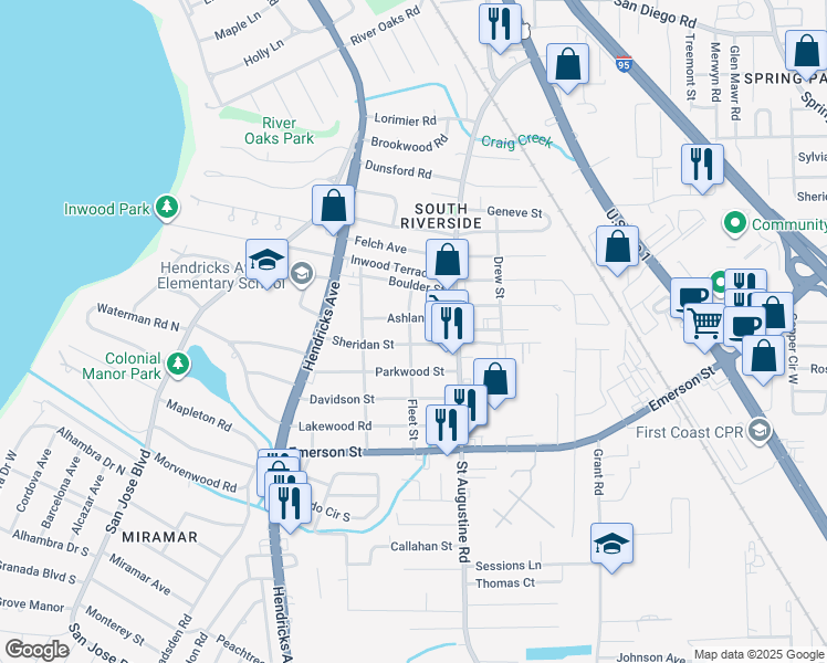 map of restaurants, bars, coffee shops, grocery stores, and more near 3525 Fleet Street in Jacksonville