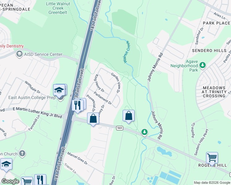 map of restaurants, bars, coffee shops, grocery stores, and more near 6506 Garden View Drive in Austin