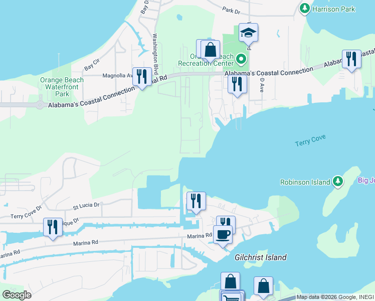 map of restaurants, bars, coffee shops, grocery stores, and more near 27006 Canal Road in Orange Beach