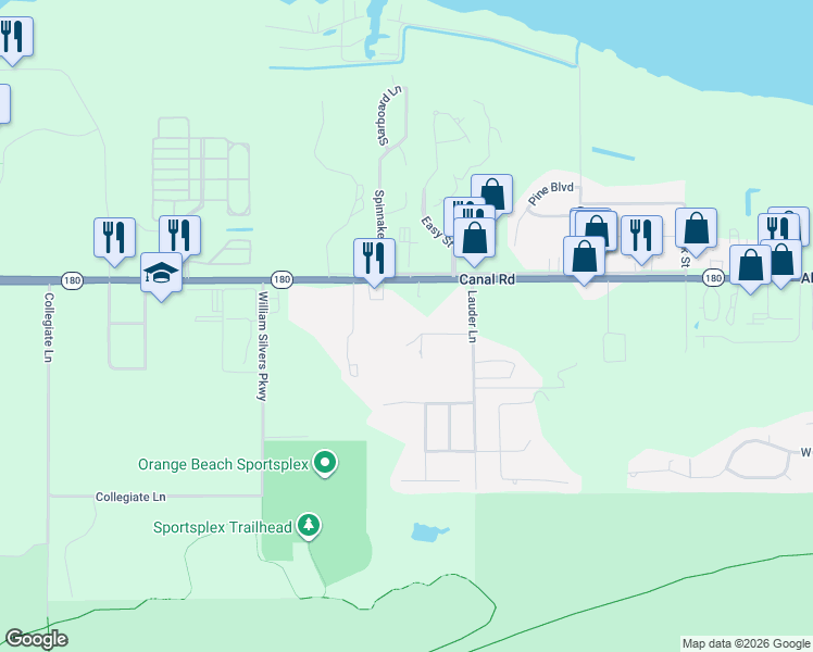 map of restaurants, bars, coffee shops, grocery stores, and more near 24393 Lauder Place in Orange Beach