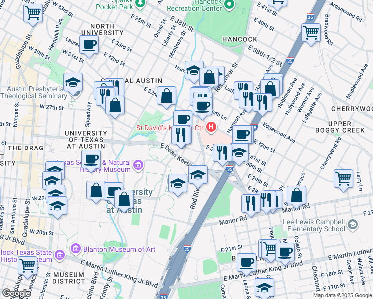 map of restaurants, bars, coffee shops, grocery stores, and more near 14 Medical Arts Square in Austin