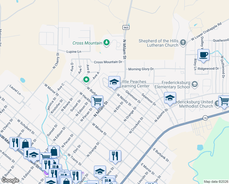 map of restaurants, bars, coffee shops, grocery stores, and more near 1208 N Milam St in Fredericksburg