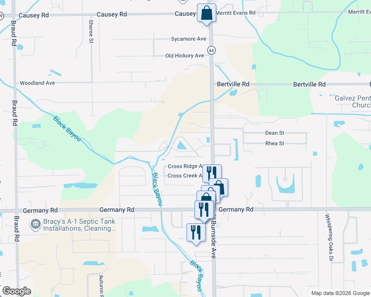 map of restaurants, bars, coffee shops, grocery stores, and more near 15155 Louisiana 44 in Gonzales