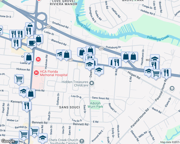 map of restaurants, bars, coffee shops, grocery stores, and more near 1824 Dean Road in Jacksonville
