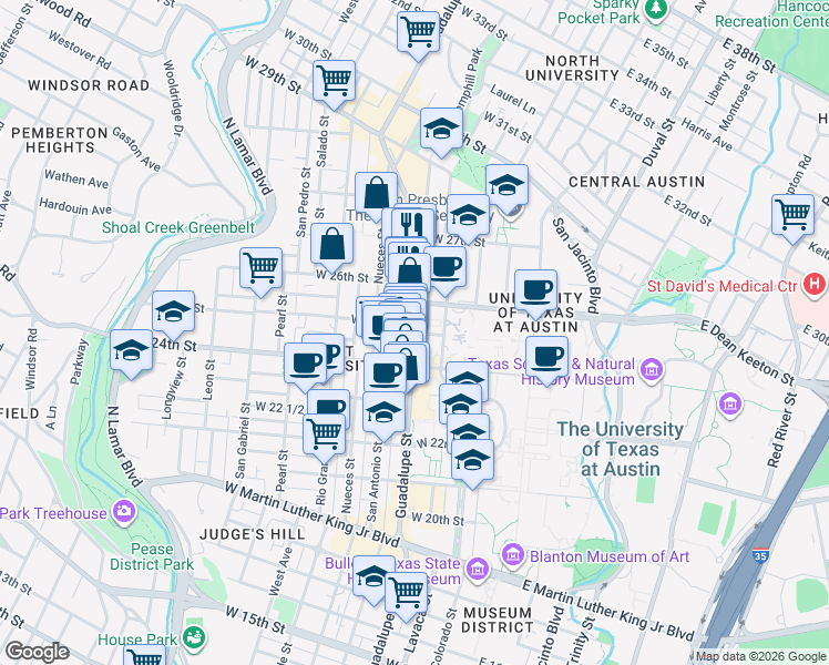 map of restaurants, bars, coffee shops, grocery stores, and more near in Austin