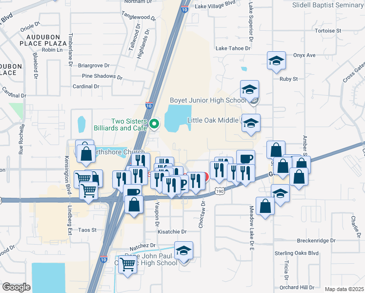 map of restaurants, bars, coffee shops, grocery stores, and more near 106 Medical Center Drive in Slidell
