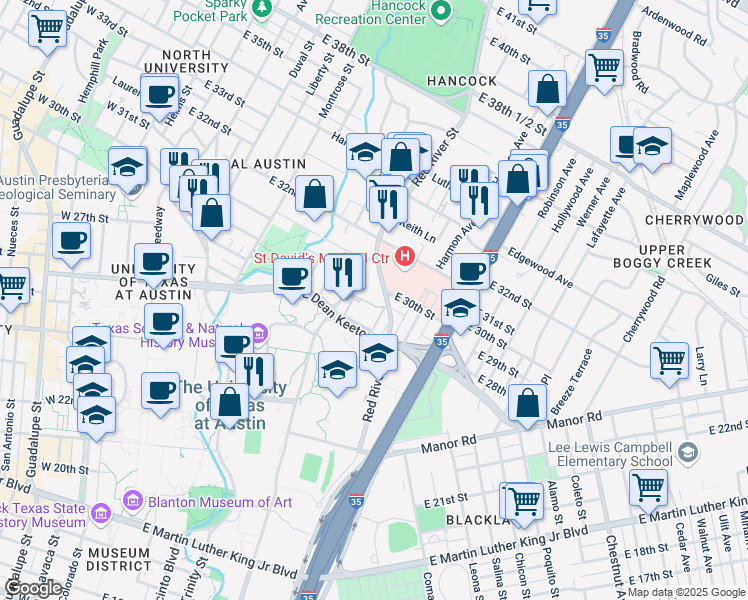 map of restaurants, bars, coffee shops, grocery stores, and more near 3001 Medical Arts Street in Austin