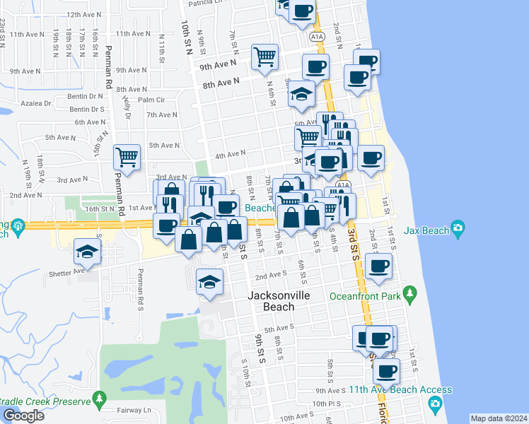 map of restaurants, bars, coffee shops, grocery stores, and more near 751 1st Avenue North in Jacksonville Beach