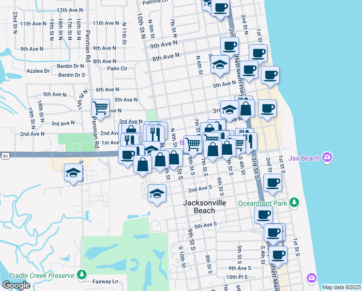 map of restaurants, bars, coffee shops, grocery stores, and more near 751 1st Avenue North in Jacksonville Beach