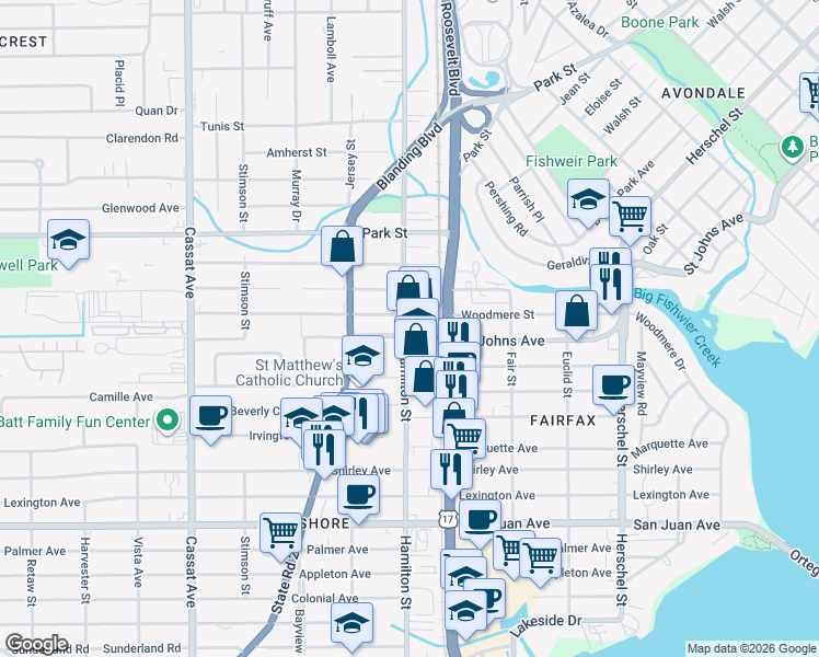 map of restaurants, bars, coffee shops, grocery stores, and more near 1615 Hamilton Street in Jacksonville