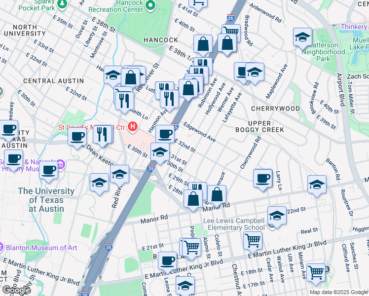 map of restaurants, bars, coffee shops, grocery stores, and more near 1100 East 32nd Street in Austin