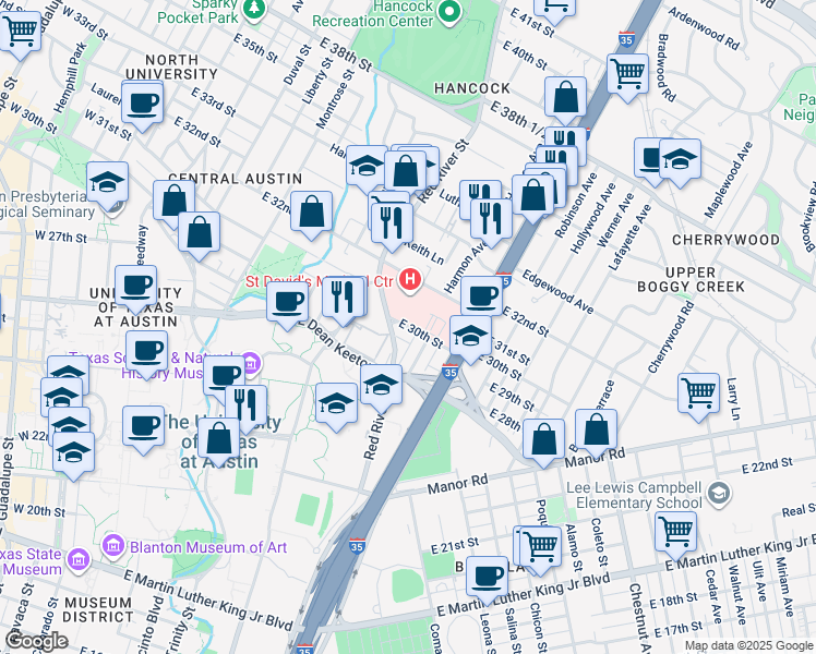 map of restaurants, bars, coffee shops, grocery stores, and more near 900 East 30th Street in Austin