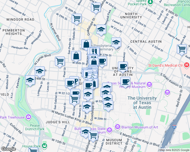 map of restaurants, bars, coffee shops, grocery stores, and more near 2512 Guadalupe Street in Austin