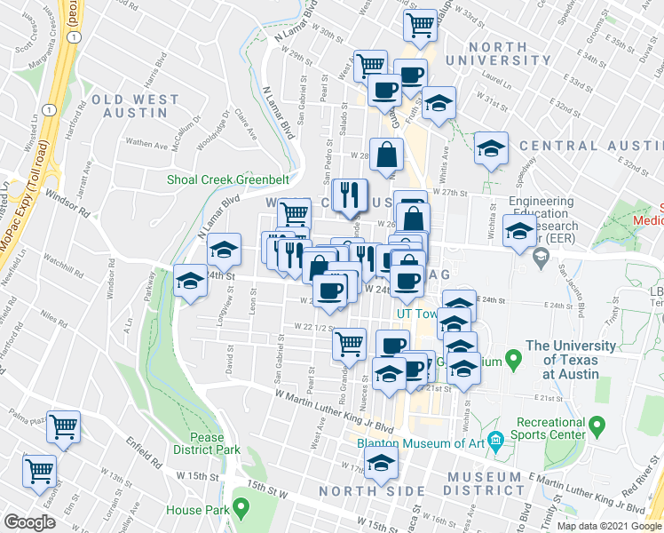 map of restaurants, bars, coffee shops, grocery stores, and more near 702 West 25th Street in Austin