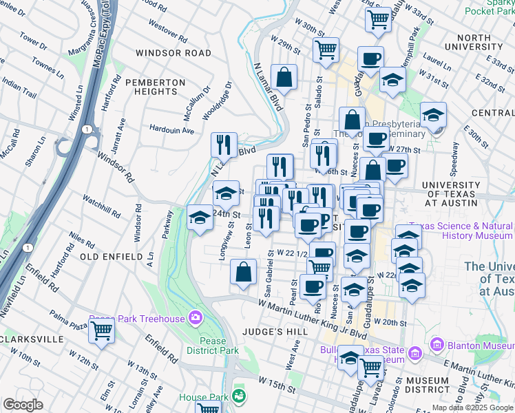 map of restaurants, bars, coffee shops, grocery stores, and more near 2415 Leon Street in Austin