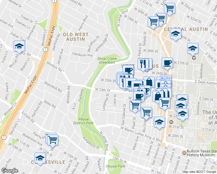 map of restaurants, bars, coffee shops, grocery stores, and more near 2500 Longview Street in Austin