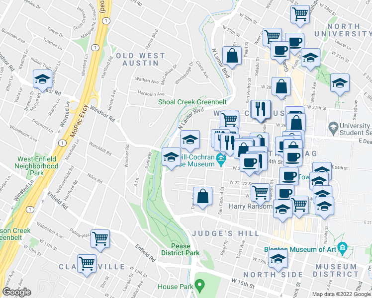 map of restaurants, bars, coffee shops, grocery stores, and more near 2500 Longview Street in Austin