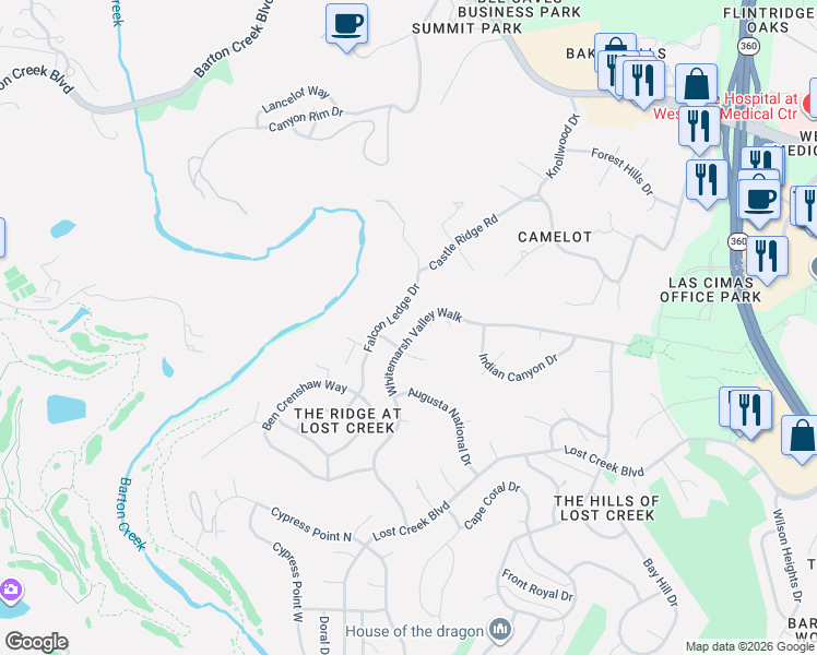 map of restaurants, bars, coffee shops, grocery stores, and more near 6623 Whitemarsh Valley Walk in Austin