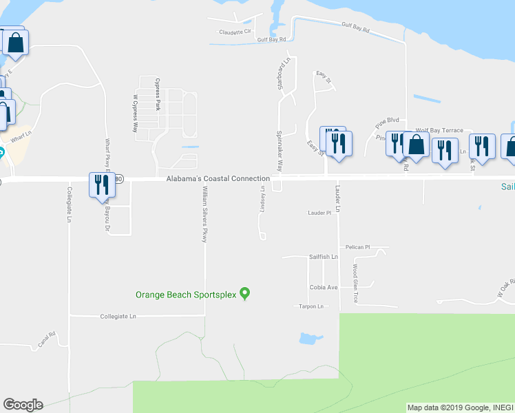 map of restaurants, bars, coffee shops, grocery stores, and more near 4399 Lindsey Lane in Orange Beach