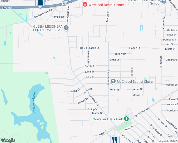 map of restaurants, bars, coffee shops, grocery stores, and more near 1001 Edna Street in Waveland