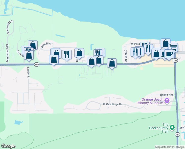 map of restaurants, bars, coffee shops, grocery stores, and more near 25150 Canal Rd in Orange Beach