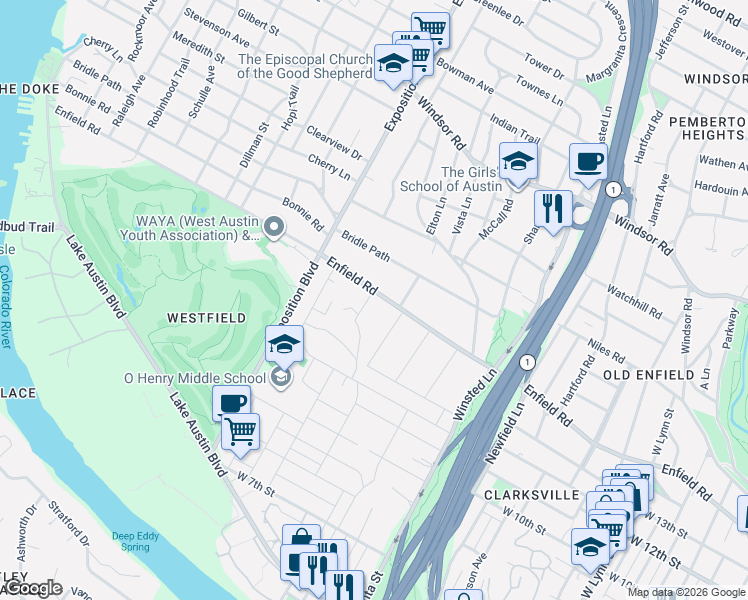 map of restaurants, bars, coffee shops, grocery stores, and more near 2413 Enfield Road in Austin