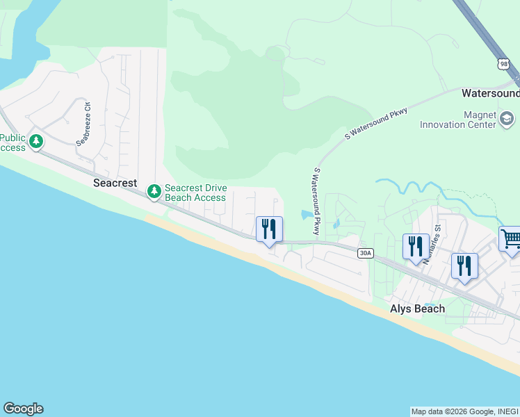 map of restaurants, bars, coffee shops, grocery stores, and more near 146 A Street in Seacrest