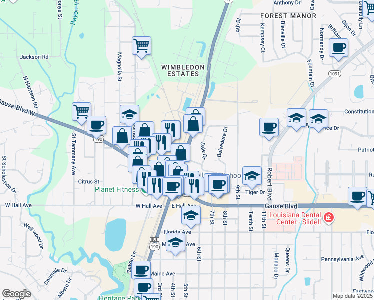 map of restaurants, bars, coffee shops, grocery stores, and more near 1161 Front St in Slidell