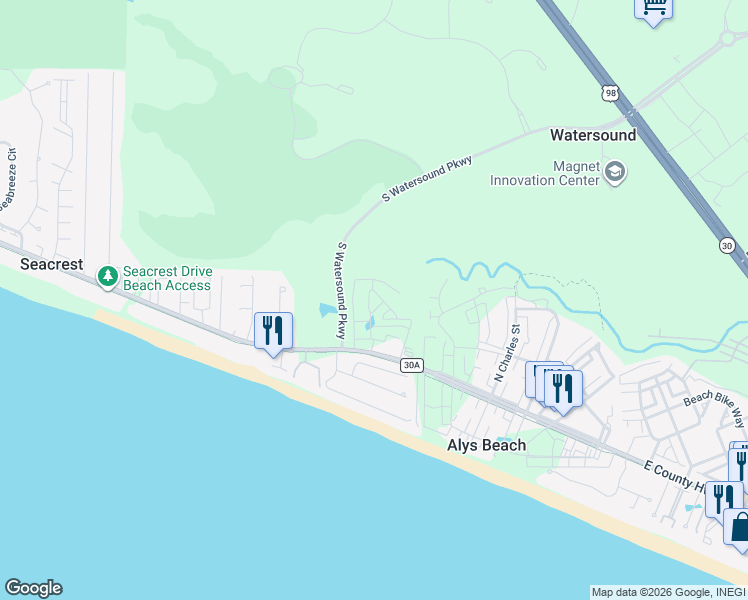 map of restaurants, bars, coffee shops, grocery stores, and more near Catnap Alley in Seacrest