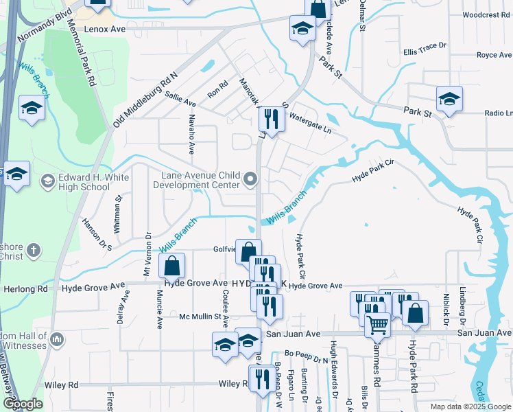 map of restaurants, bars, coffee shops, grocery stores, and more near 1660 Lane Avenue South in Jacksonville