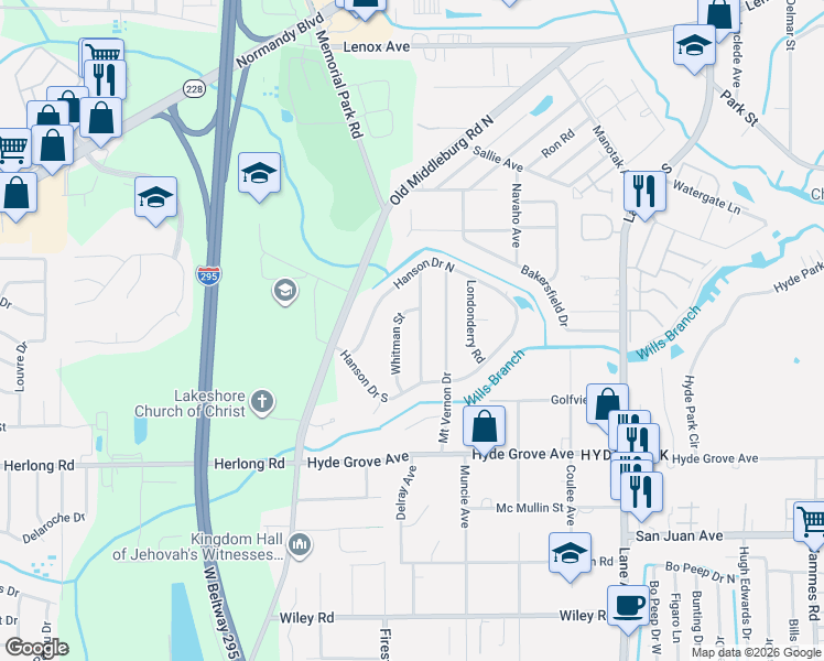 map of restaurants, bars, coffee shops, grocery stores, and more near 1643 Whitman Street in Jacksonville
