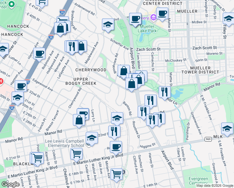 map of restaurants, bars, coffee shops, grocery stores, and more near 1801 East 38th 1/2 Street in Austin