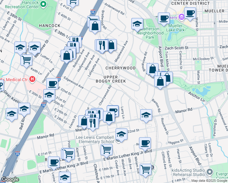 map of restaurants, bars, coffee shops, grocery stores, and more near 3403 Cherrywood Road in Austin