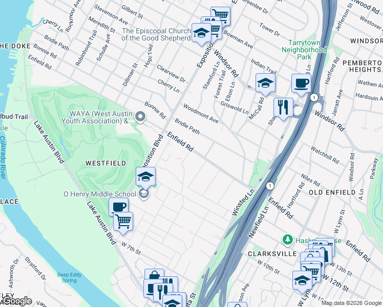 map of restaurants, bars, coffee shops, grocery stores, and more near 2506 Enfield Road in Austin