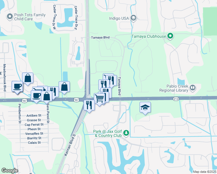 map of restaurants, bars, coffee shops, grocery stores, and more near 12675 Beach Boulevard in Jacksonville