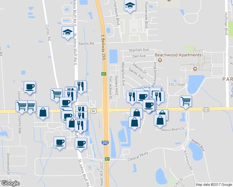 map of restaurants, bars, coffee shops, grocery stores, and more near 3126 Hunters Hill East in Jacksonville