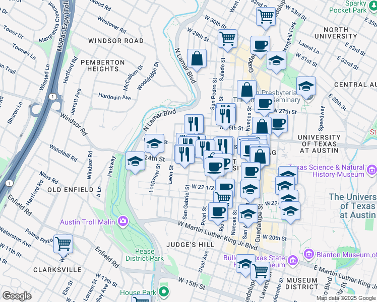 map of restaurants, bars, coffee shops, grocery stores, and more near 910 West 25th Street in Austin