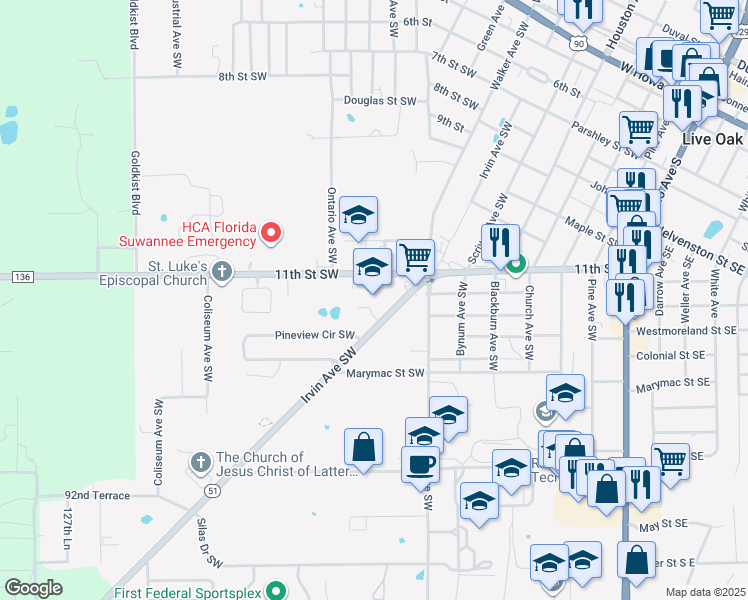 map of restaurants, bars, coffee shops, grocery stores, and more near in Suwannee County
