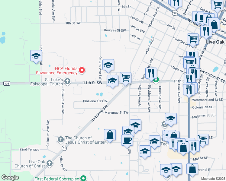 map of restaurants, bars, coffee shops, grocery stores, and more near in Suwannee County
